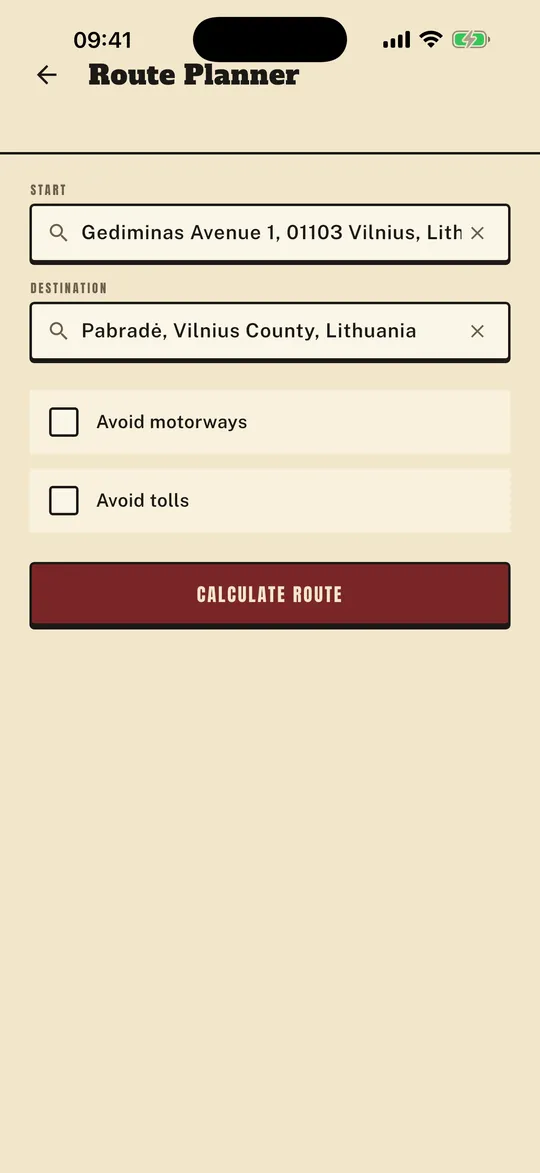 The route planner with a start and a destination resolved, ready to calculate.